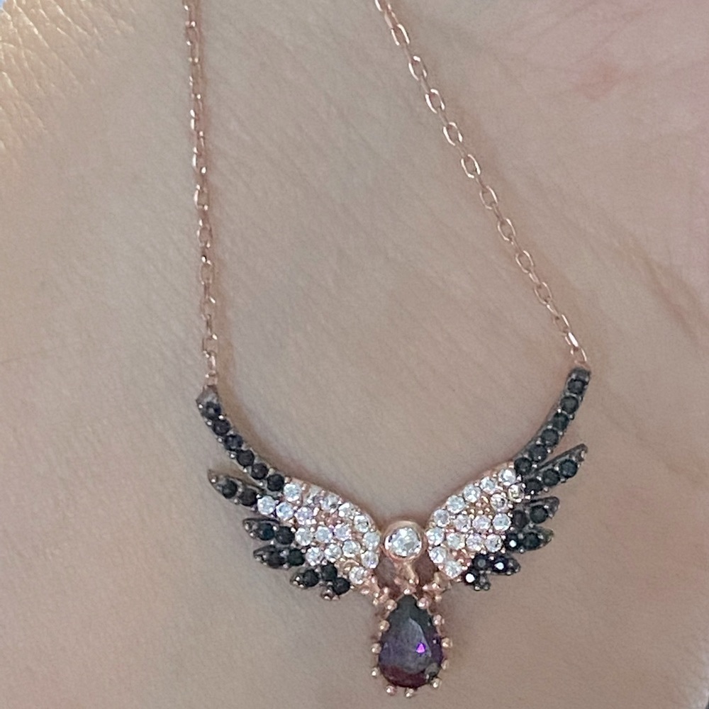 925 Silver angel wing necklace cz rose gold plated with big purple stone wings - Picture 7 of 7